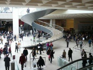 View from the Louvre cafe, spiraling down the Pei pyramid into the heart of the old castle